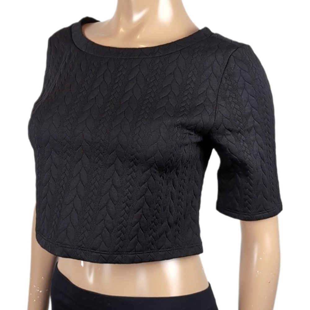 Orange Quilted Crop Top Half Sleeve Textured Scuba Zipper Back Black Size Small